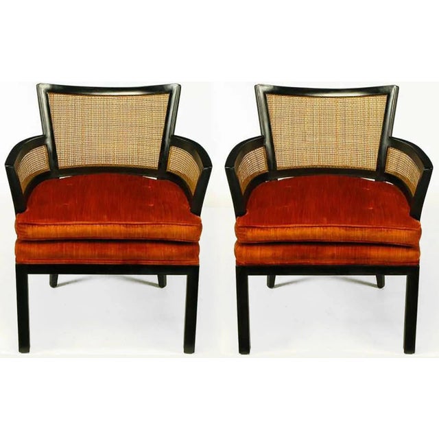 Mid-Century Modern Pair of Baker Ebonized Mahogany and Cane Button Tufted Armchairs For Sale - Image 3 of 8