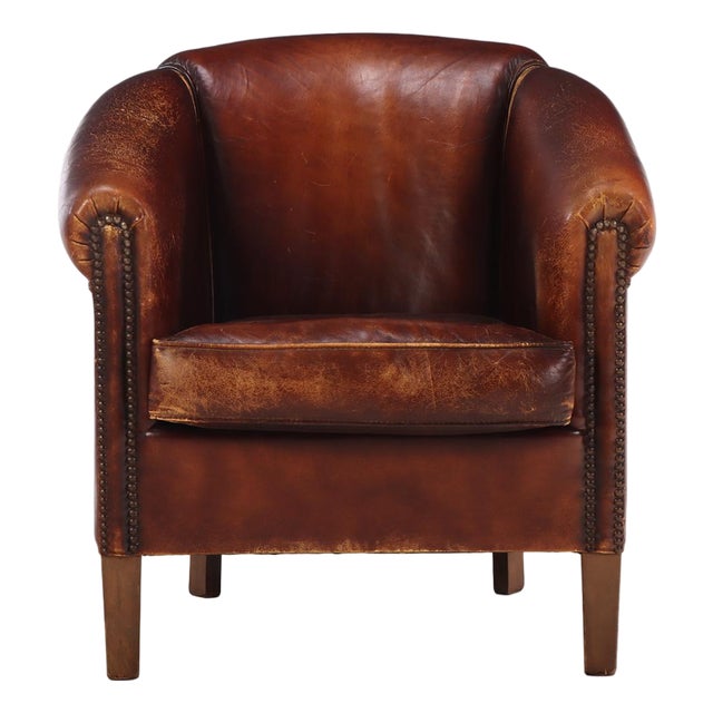 Dutch Art Deco Style Leather Club Chair, C. 1950. For Sale