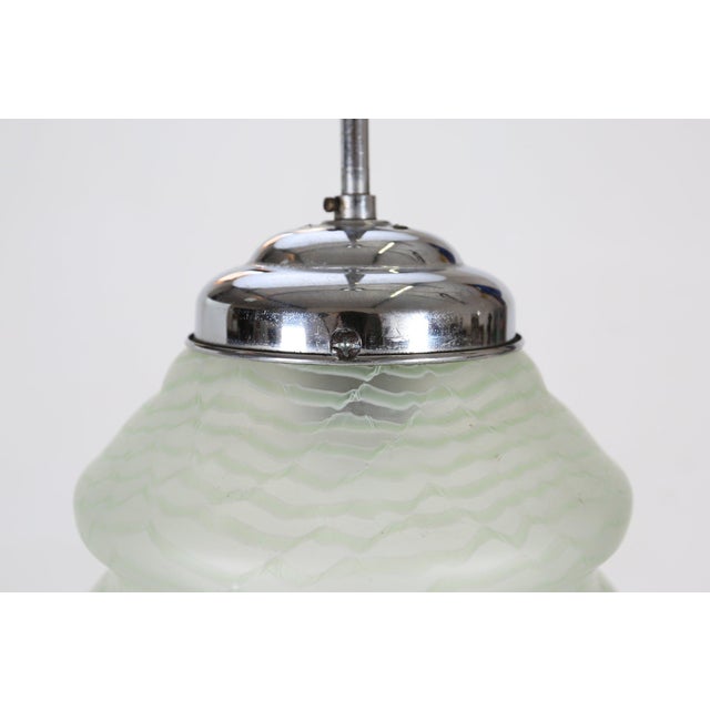 Metal Art Deco French Pendant Lamp with Green Glass Shade, 1940 For Sale - Image 7 of 10