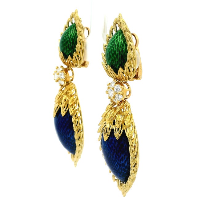 Metal 1970s Spritzer & Fuhrmann French Guilloché Enamel Diamond Earrings, Pair For Sale - Image 7 of 14