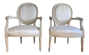Antique French Louis XVI Fauteuil Arm Chairs - a Pair