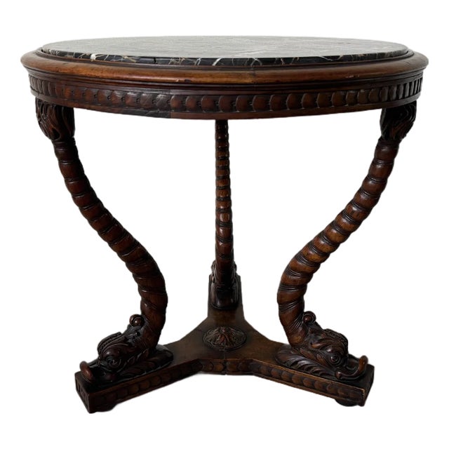 19th Century French Carved Dolphin Base Marble Top Center / Accent Table/ Sikld For Sale