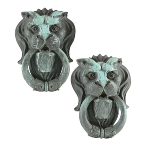 Large Antique Early 20th Century Verdigris Bronze Lion Mask Door Knockers With Ring Handles - a Pair