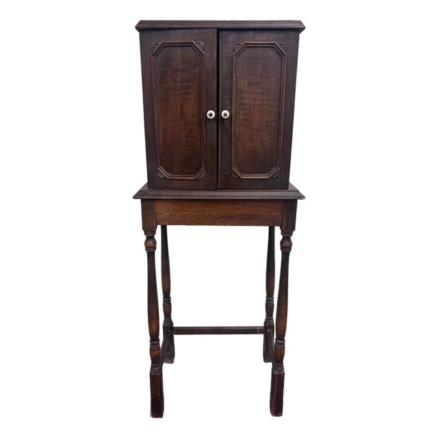 Antique C. 1920 Tudor Revival Walnut Silver / Jewelry / Collector Cabinet For Sale