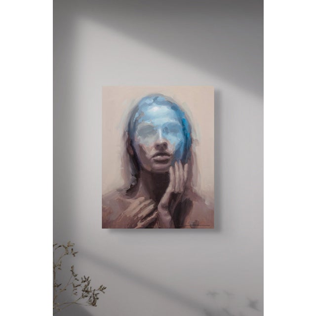 Early 21st Century Renewal by Josh Sorrell | Oil on Panel Portrait of a figure with a blue face and hands. For Sale - Image 5 of 5