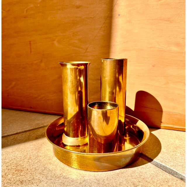 Gold Scandinavian Modern Candleholders with Vase & Tray in Brass from Ekte Norsk Odel, Norway, 1960s, Set of 4 For Sale - Image 8 of 15