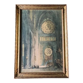 Antique American Arts Co. Ny Colored Etching Print of "Reims Cathedral" in Gilded Frame For Sale