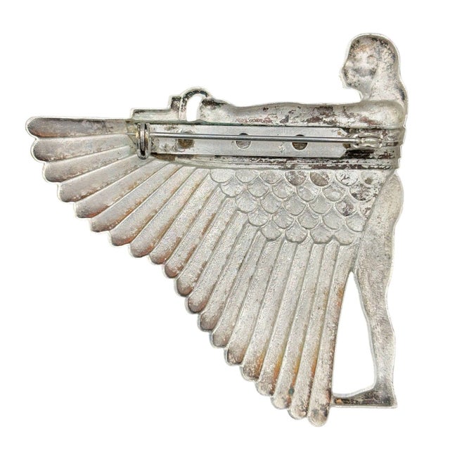1920s 1920s Art Deco Egyptian Revival Goddess Isis 2.5" 800 Silver Brooch For Sale - Image 5 of 6
