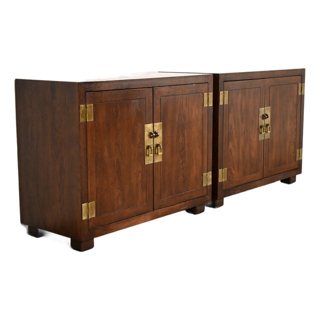 Henredon Mid-Century Modern Hollywood Regency Campaign Oak and Brass Buffet Servers or Bar Cabinets, Pair For Sale
