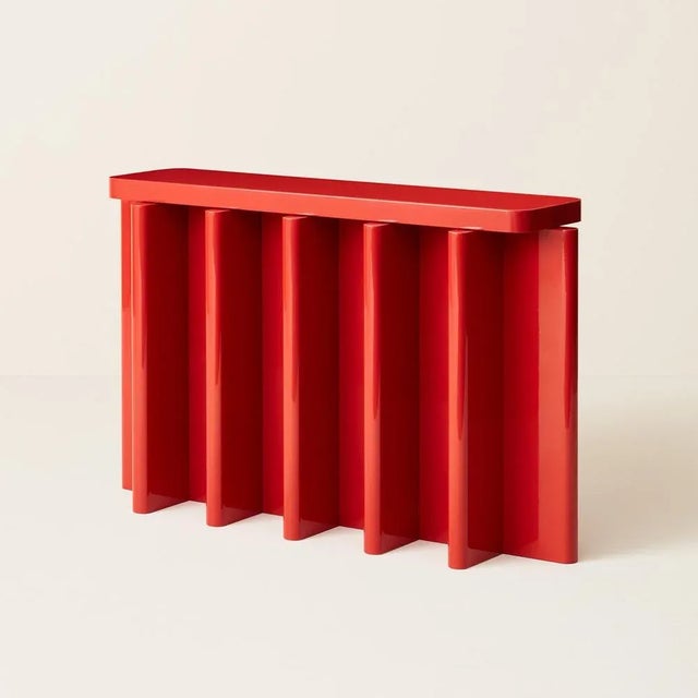 Red spina c5.1 console table by cara davide. Dimensions: d 130 x w 35 x h 80 cm. Materials: solid nut wood, lacquered mdf....