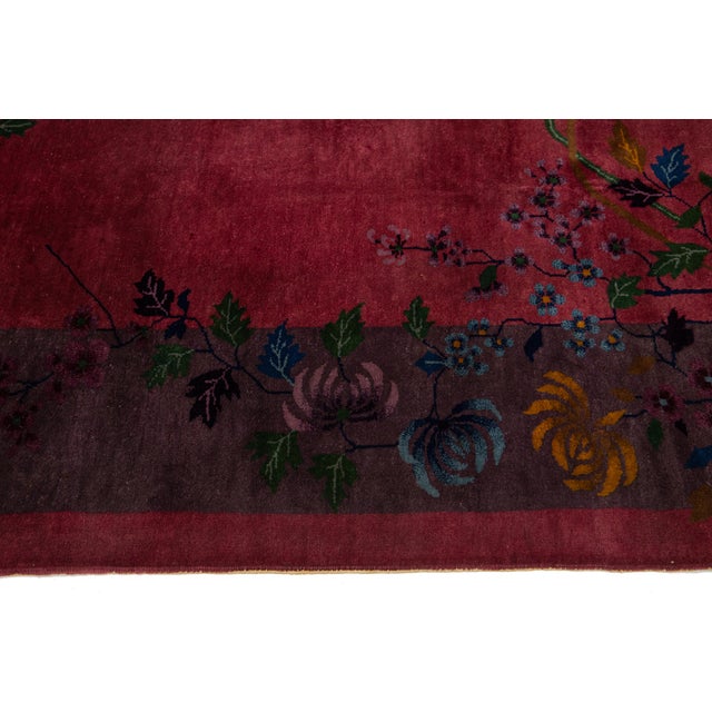 Antique Art Deco Handmade Chinese Wool Rug in Burgundy Red For Sale - Image 9 of 10
