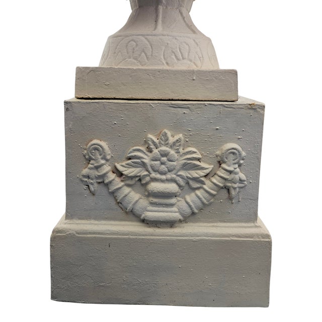 1930s 1930s Pair of Neoclassical Cast Iron Ruffle-Edge Garden Urns on Pedestals For Sale - Image 5 of 8