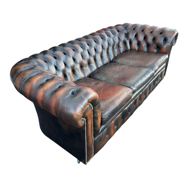1980s Vintage Chesterfield 3-Seater Sofa in Brown Leather, England, 1980s For Sale - Image 5 of 9