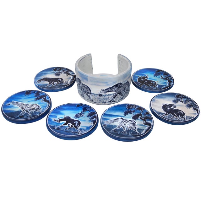 African Vintage Handcrafted West-African Safari Soapstone Coasters & Holder- 7 Pieces For Sale - Image 3 of 5