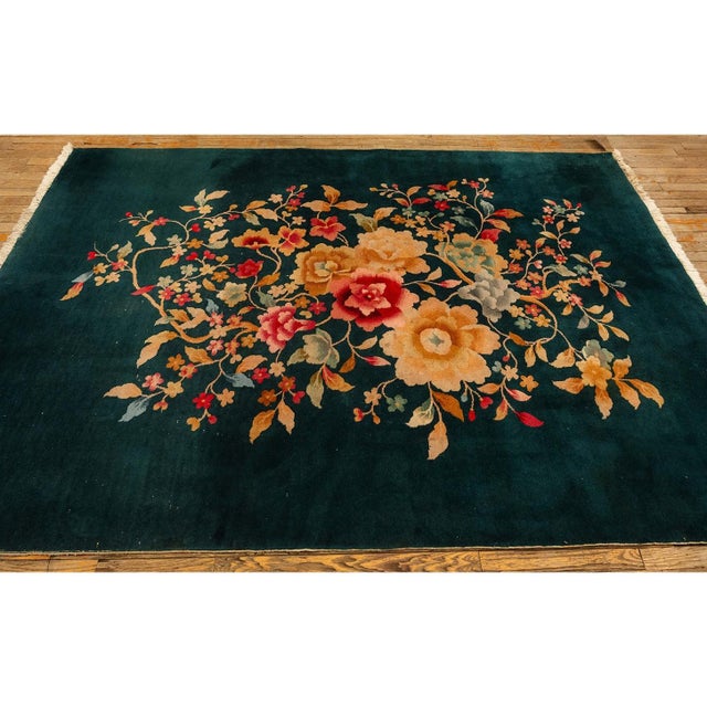 Art Deco 1920s Army Green Floral Medallion Haute Modern Knotted Wool Antique Chinese Art Deco Rug For Sale - Image 3 of 6
