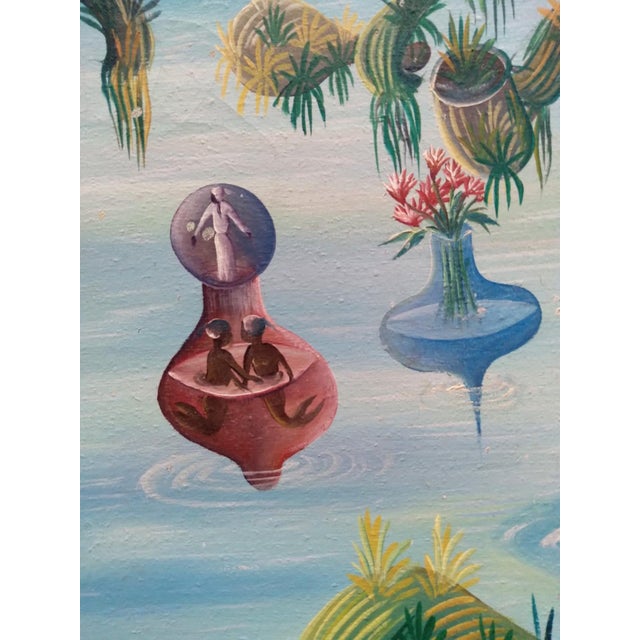 This vibrant original oil painting on board by renowned Haitian artist Pierre Dimanche depicts a surreal, dreamlike...
