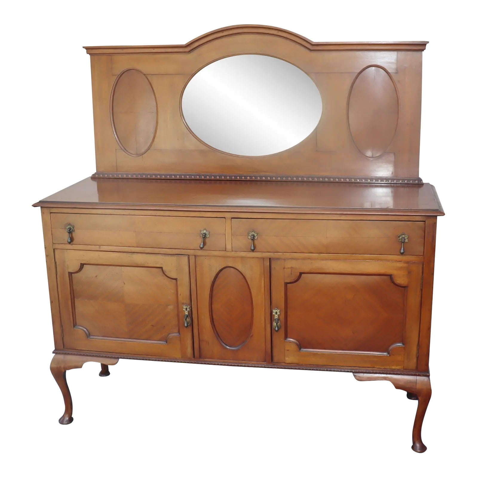 1940s Antique Honey-Brown Wood Buffet With Oval Mirror and Cabriole Legs — view 11