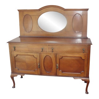1940s Antique Honey-Brown Wood Buffet With Oval Mirror and Cabriole Legs For Sale