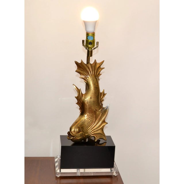 Asian Modern Japanese Brass Dragon Cast Koi Fish Sculptural Table Lamp on Lucite For Sale - Image 12 of 13
