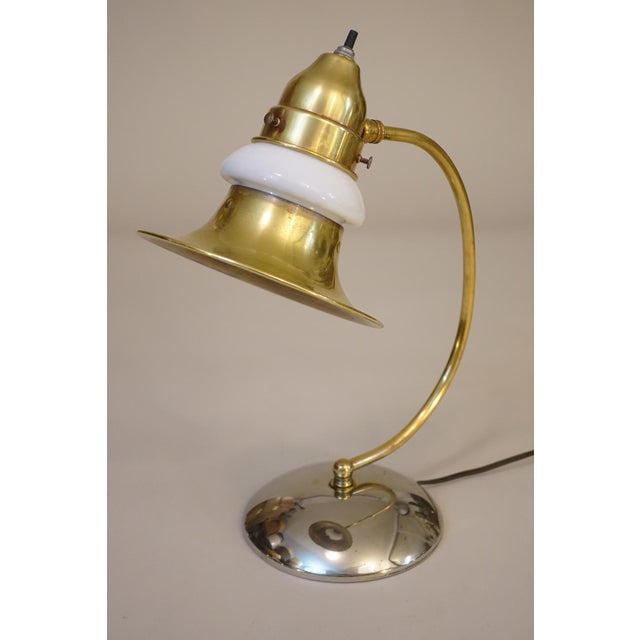 Metal 1930s Art Deco Streamline Brass Chrome Milk Glass "Halo" Table Lamp Markel Faries Era For Sale - Image 7 of 10