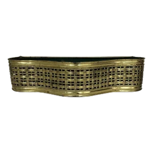 Rare Mid Century Gold Metal Basketweave Design Serpentine Shape Cachepot Planter With Liner, Made in England