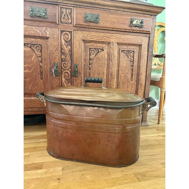 Antique Early 1900’s Large Copper Laundry Wash Boiler With Lid & Wood Handles For Sale - Image 4 of 12