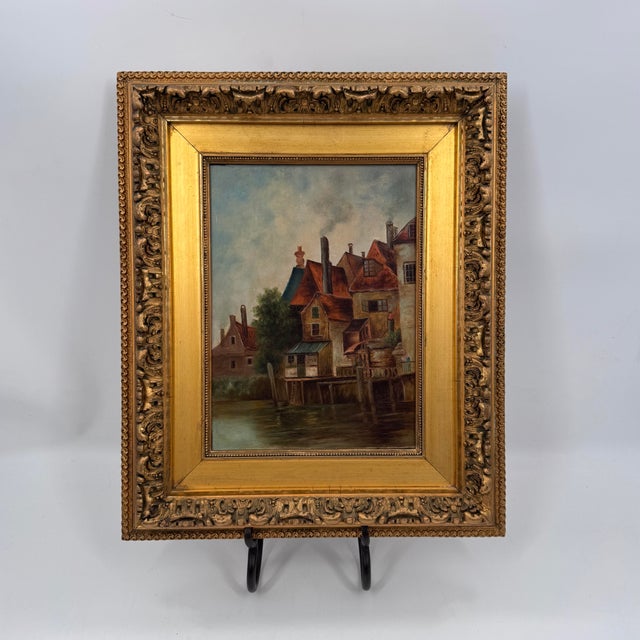 Gold Antique European Harbor Village Oil Painting in Ornate Gilt Frame For Sale - Image 8 of 12