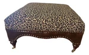 Leopard Fabric Print Ottoman With Top Grain Leather and German Brass Nails.