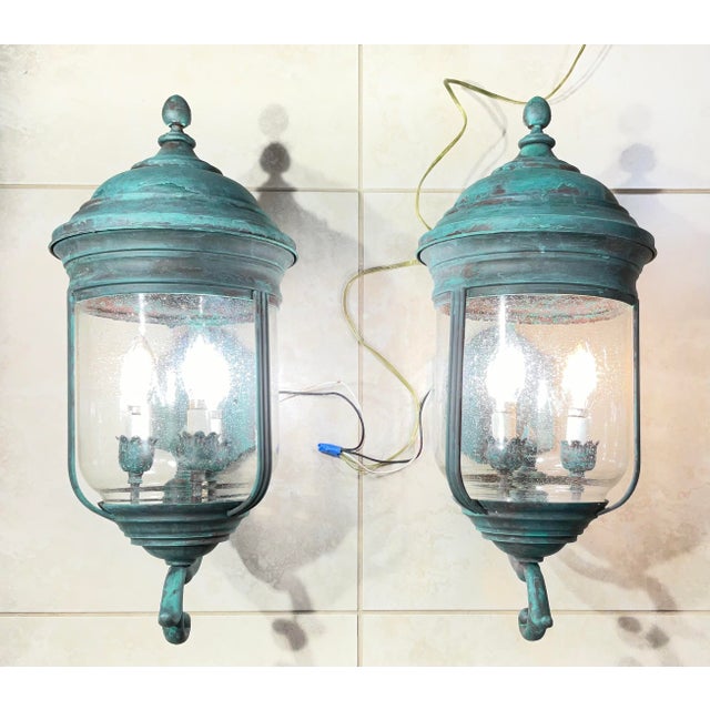 Pair of Vintage Solid Brass Wall Lanterns /Sconces 22”x10”x11”.5 For Sale - Image 4 of 16