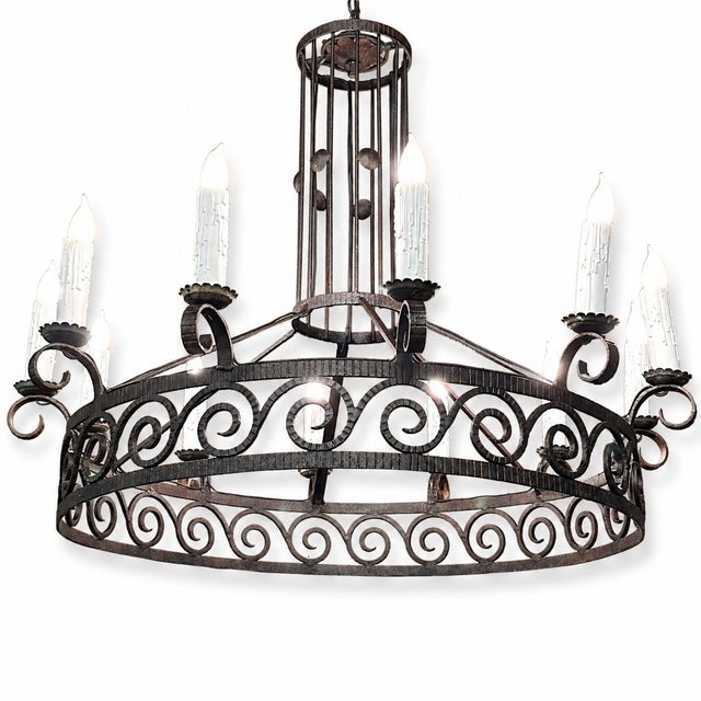 Large Art Deco Style Wrought Iron 12-Light Chandelier For Sale - Image 10 of 11
