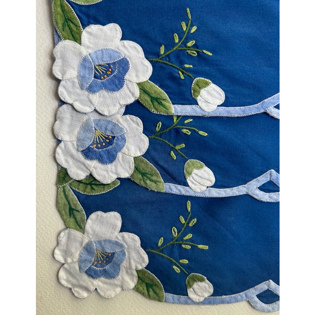 Vintage Set of 6 Royal Blue & White Floral Madeira Cotton Placements For Sale - Image 11 of 15