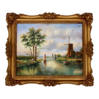 Vintage Dutch School Oil on Board, Canal Scene With Windmill — Ornate Gilt Frame For Sale