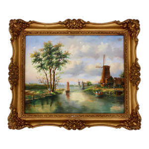 Vintage Dutch School Oil on Board, Canal Scene With Windmill — Ornate Gilt Frame