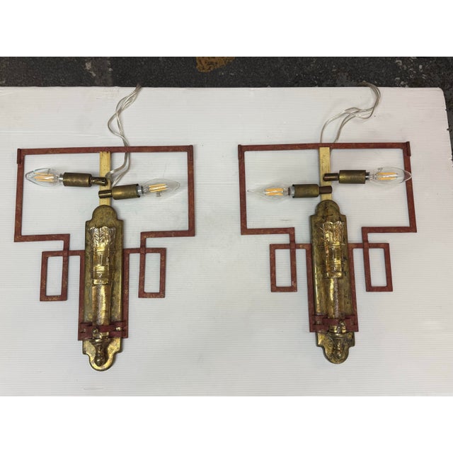 Late 20th Century Vintage Chinoiserie Glass Torch + Metal Wall Sconces, Pair For Sale - Image 5 of 12
