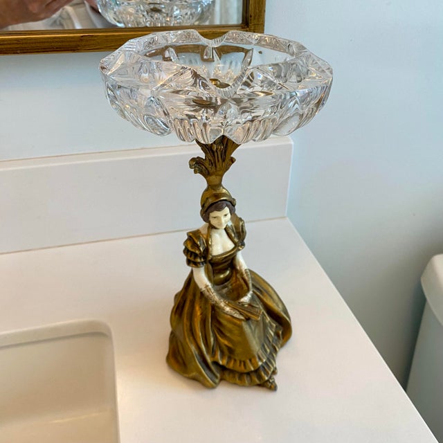 Cast Gilded Age Lady Statue Crystal Ashtray For Sale - Image 10 of 12