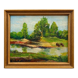 9 X 11 Vintage 1944 Signed Pastoral Cows at Watering Hole Original Oil on Canvas, Framed For Sale