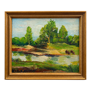 9 X 11 Vintage 1944 Signed Pastoral Cows at Watering Hole Original Oil on Canvas, Framed