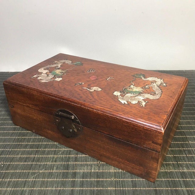 1990s Vintage Chinese Rosewood Box With Mother of Pearl "Two Dragons" Inlay For Sale - Image 5 of 9