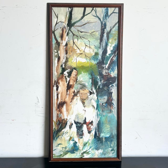 This captivating vintage Asian watercolor painting portrays a serene scene of a man immersed in the natural beauty of a...
