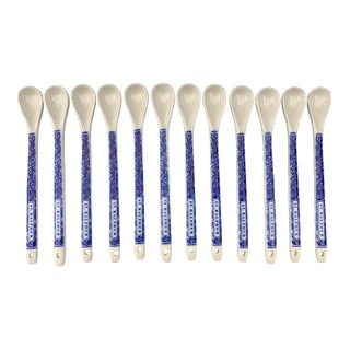 1980s St. Dalfour French Blue and White Ceramic Jam Condiment Spoons - Set of 12 For Sale