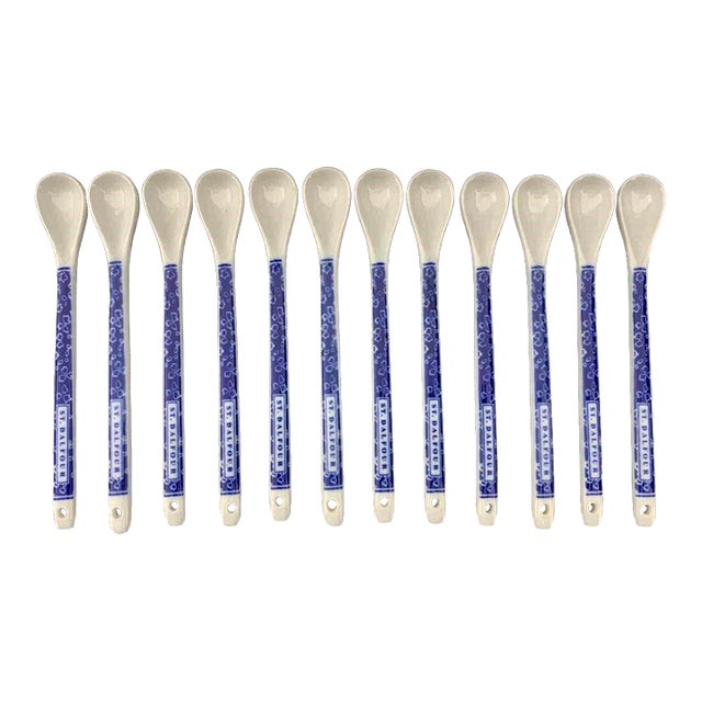 1980s St. Dalfour French Blue and White Ceramic Jam Condiment Spoons - Set of 12 For Sale