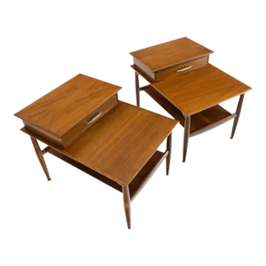 Pair Walnut American Mid-Century Modern One Drawer Step End Tables Stands