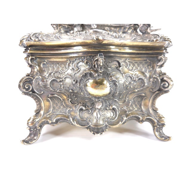 Silver Gilded Age European Silver Rococo Jewelry Casket Topped With Angel Admiring Herself For Sale - Image 8 of 15