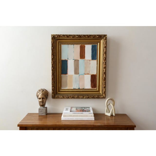 Original abstract painting in a marvelous antique gold frame. This piece has a colorful yet subdued palette of rust, sea...