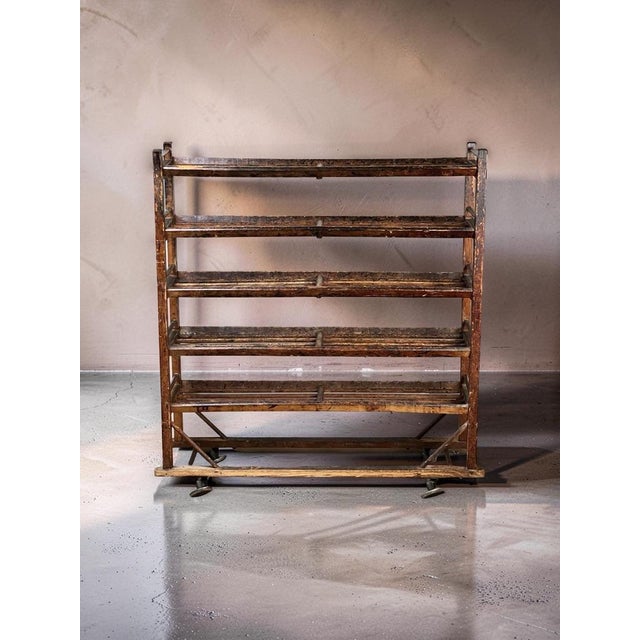 Antique Oak Shoe Factory Rolling Rack on Original Industrial Casters C. Late 19th Century For Sale - Image 15 of 15