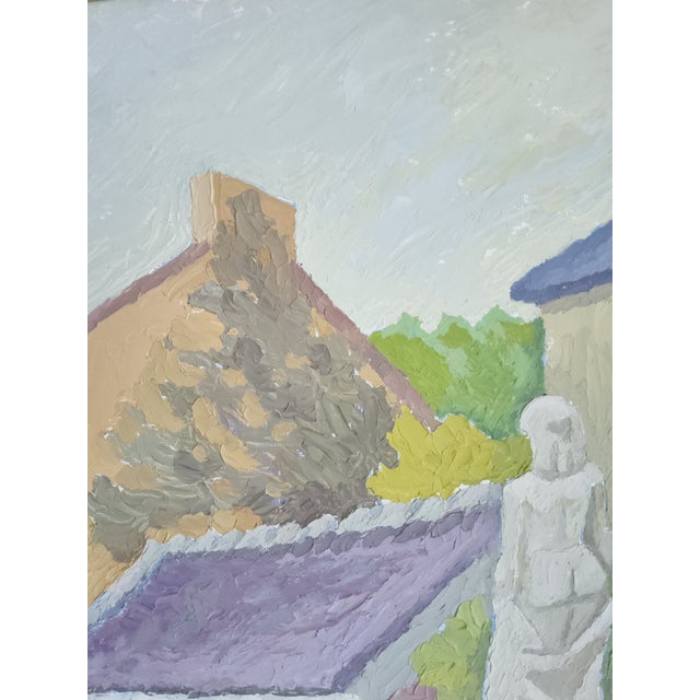 Modernist landscape oil painting on masonite board by the popular Swedish artist Arne Granhall (1915–2004), titled "Hus...