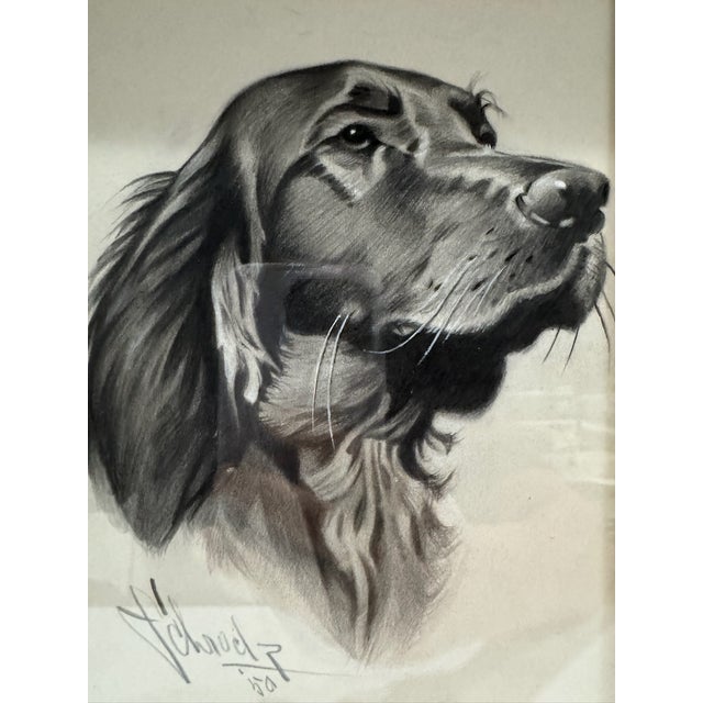 American t.e.. Schrock Signed 1950 Setter Dog Portrait Drawing Framed For Sale - Image 3 of 7