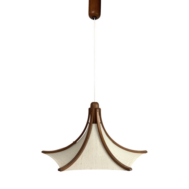 Teak and Linen Umbrella Pendant Hanging Lamp attributed to Domus, 1970s For Sale
