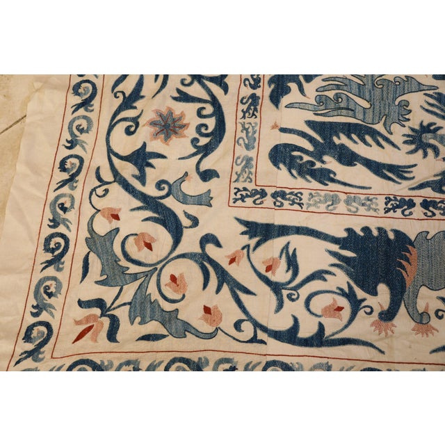Mid 20th Century Vintage Blue Floral and Birds Suzani Uzbek Embroidered Textile For Sale - Image 5 of 12