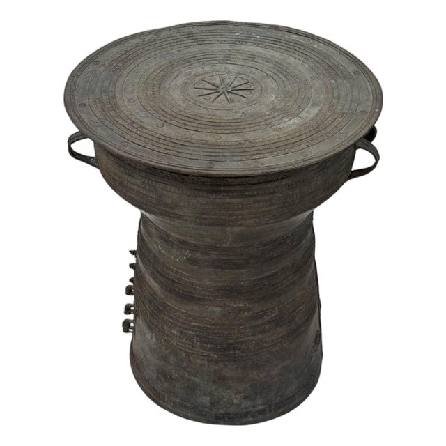 Cast Bronze Rain Drum With Elaborate Detail Patina Finish For Sale